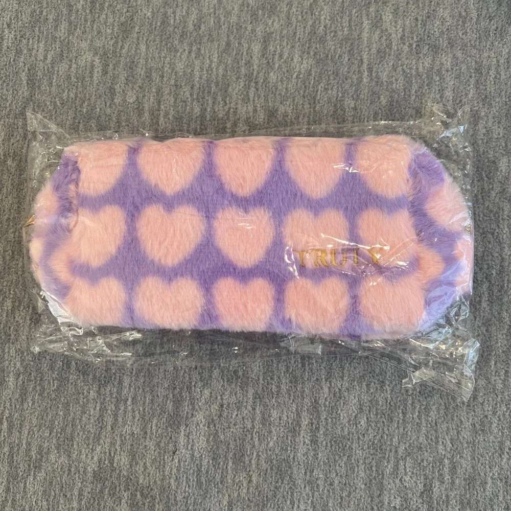 Truly Beauty Makeup Bag Fuzzy Heart Cosmetics Pouch Pink Purple Travel Small NEW